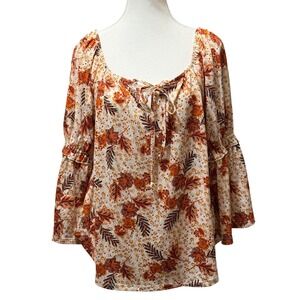 Chenault Ivory Rust Floral Print Peasant Blouse‎ Womens Size L Bell Sleeve